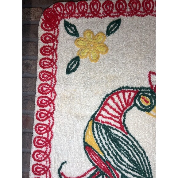 Vintage Chenille Peacock Rug Red Green Yellow White ~ 30”x55” 40-50’s Mod - Picture 2 of 16